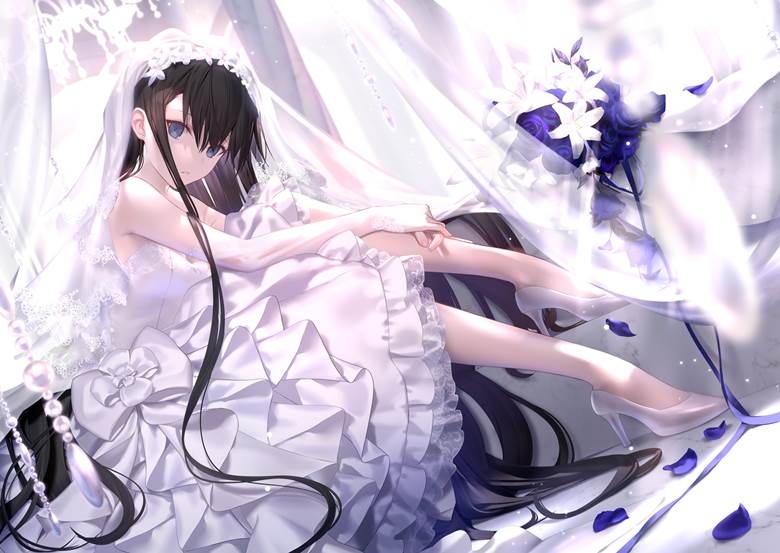 original, girl, wedding dress, long black hair, high heels, original 10000+ bookmarks, shoes without stockings