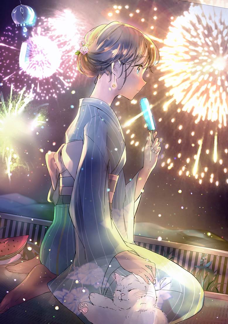 原创, 女孩子, 焰火, yukata, cat, night sky, 风铃