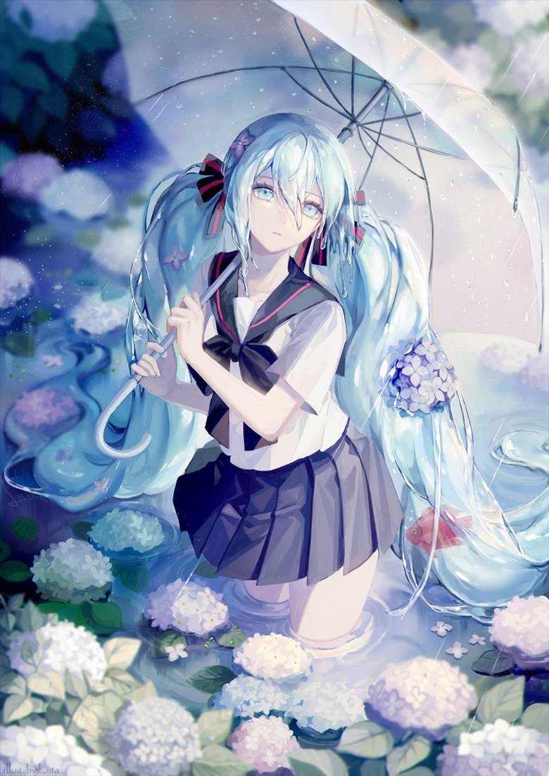 梅雨と紫阳花 梨伊荼的初音未来pixiv插画图片 Bobopic