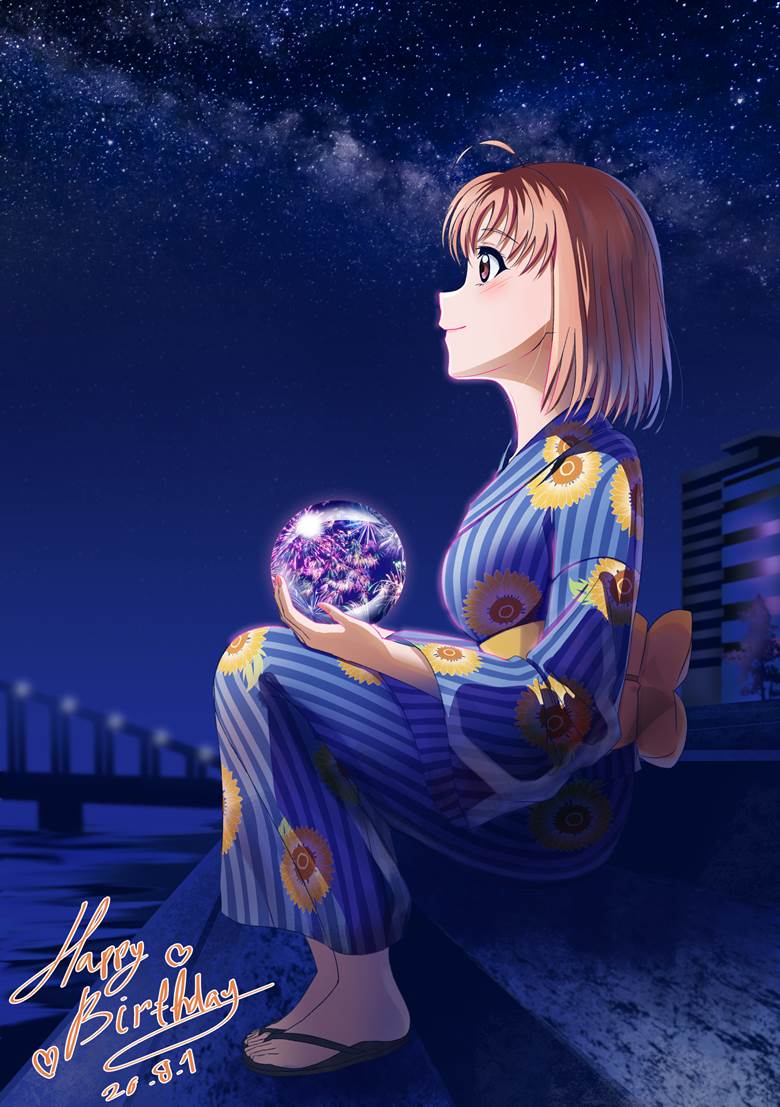 Love Live!, Chika Takami, yukata, 焰火, starry sky, LoveLive! Sunshine!!, Lovelive100收藏, night view