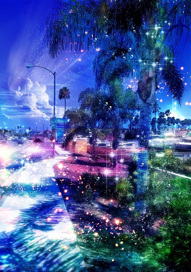 scenery, summer, palm tree, cumulo-nimbus, background, illustration, fantasy, tree shade