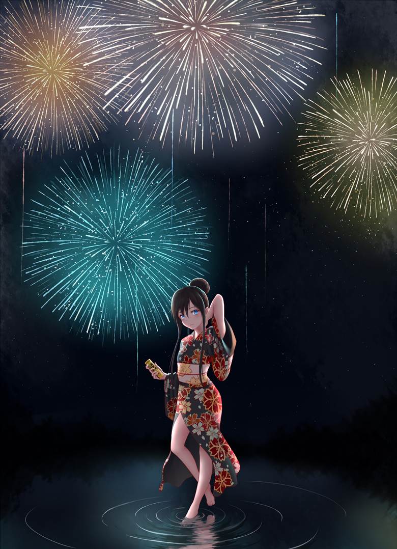 果然我的青春恋爱喜剧搞错了。, 雪之下雪乃, yukata, 焰火, water surface, 赤脚, feet in water, ripples