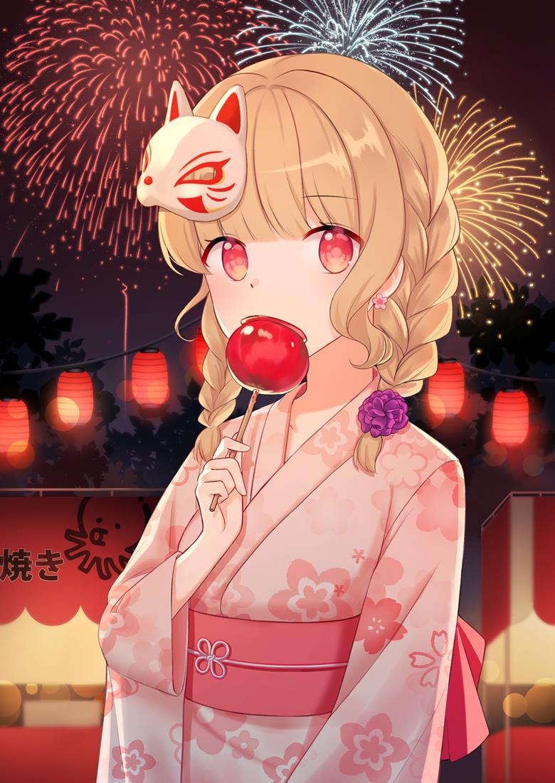 beautiful girl, girl, young girl, summer, fireworks, summer festival, yukata, original, candy apple, creation