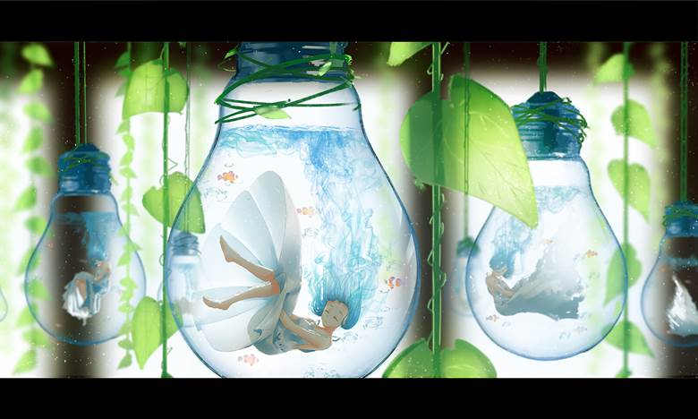 原创, blue, 蓝, 女孩子, 电灯泡, 玻璃之中, 清凉感, 水下, 品味优雅