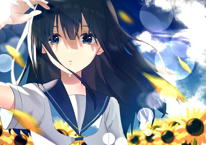 sunflowers, 女孩子, 原创, 夏天, 水手服, 黑发, 长发, sweat, Original 300+ bookmarks