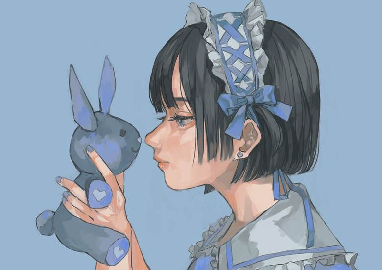 蓝, headdress, 兔子, 原创, 女孩子, 波波头, 洛丽塔, plush rabbit