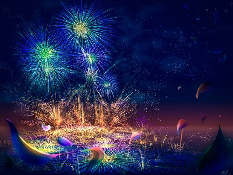 fireworks, scenery, background, scenery, petals, digital, summer, disney, blue
