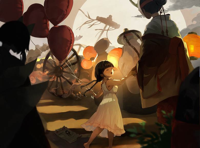 原创, 女孩子, Hyakki Yagyo, spirited away, youkai, paper lantern, summer dress, 气球, sepia, underworld