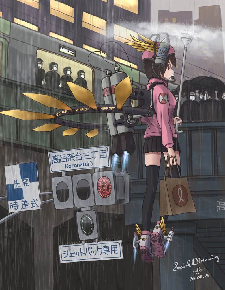 original, flying, city, traffic light, train, mecha girl, girl, rain, fantasy