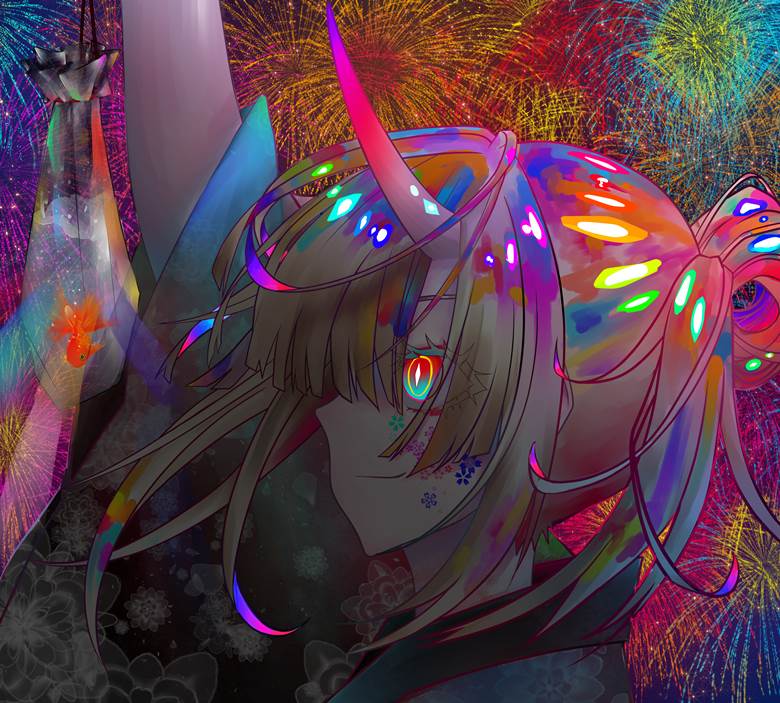 oni, girl, festival, fireworks, goldfish