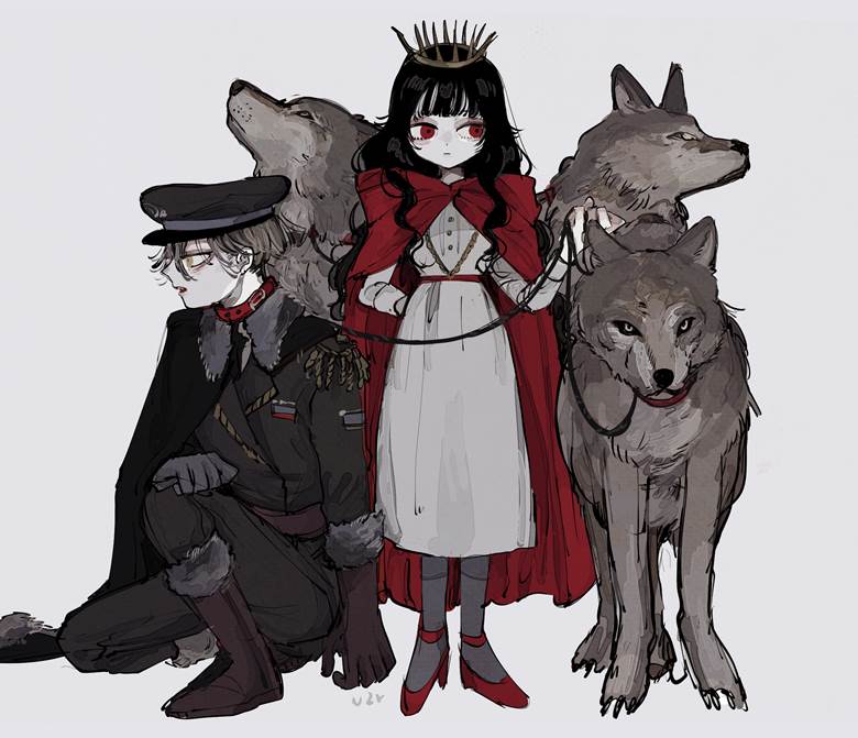 军装, young man and girl, Older boy/loli, 小红帽, wolf, 原创