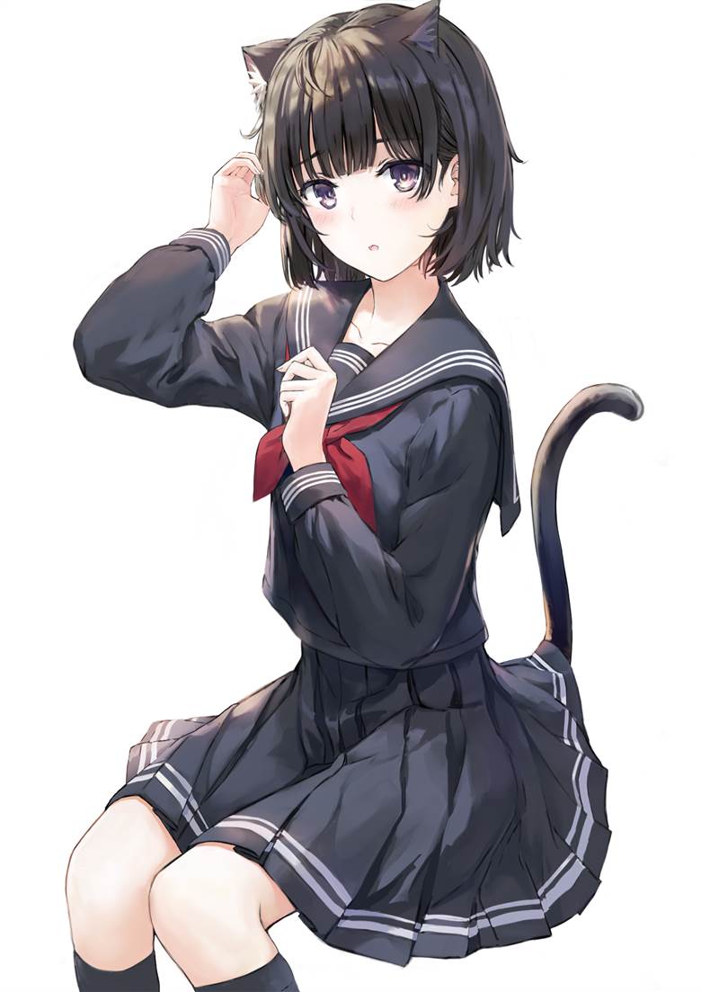 原创, cat ears, 女孩子, 水手服, 黑发, 波波头, tail from under skirt, 困扰脸