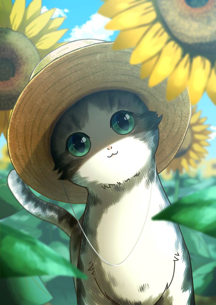 flower, blue sky, animal, summer, straw hat, sunflower, cat, cat, illustration