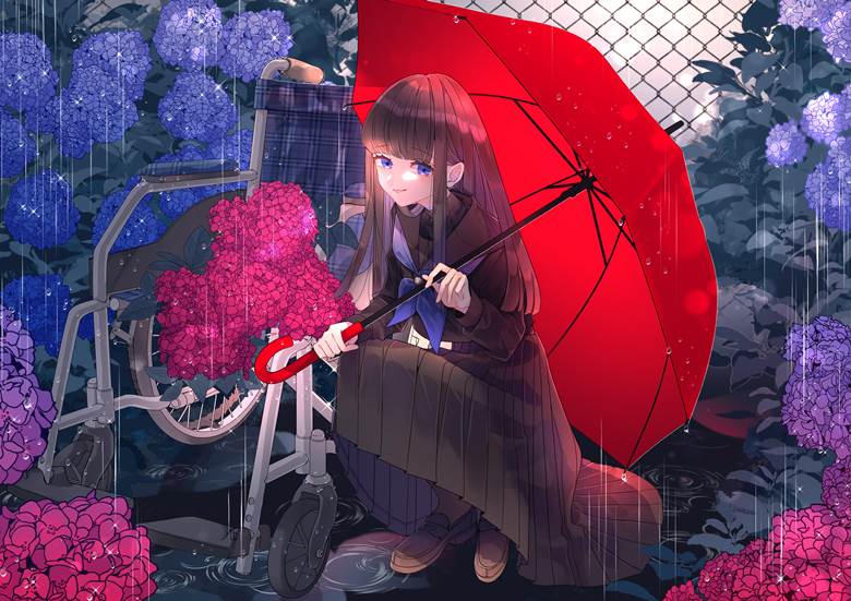 女孩子, 原创, rainy season, 黑色水手服, 紫阳花, 轮椅