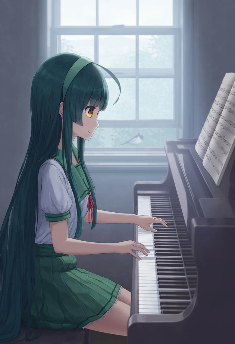 弹钢琴的二次元少女图片