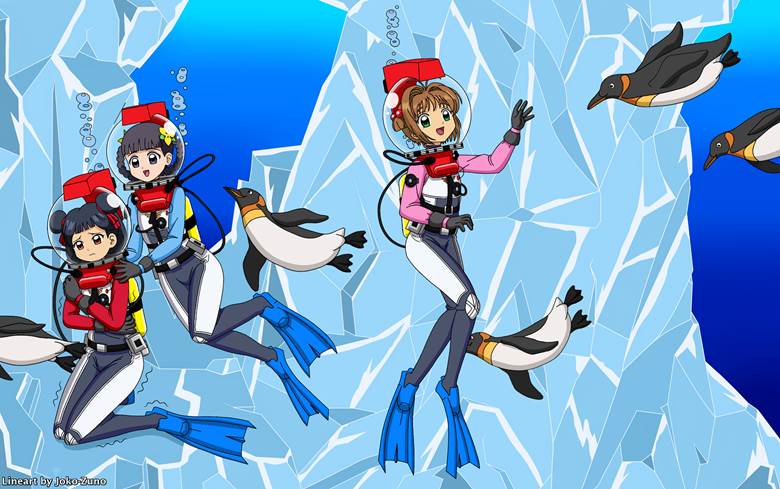 Cardcaptor Sakura, diving suit, scuba, Sakura Kinomoto, Tomoyo Daidoji, Meiling Li, penguin, drysuit, Amanchu!