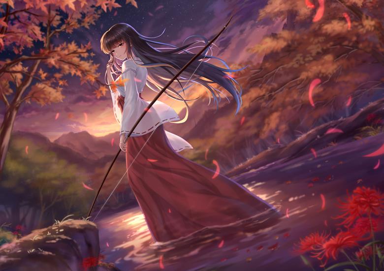 夕阳,小女孩,桔梗,犬夜叉,风景图片