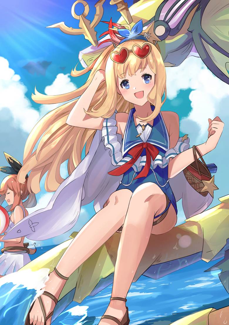 碧蓝幻想, Cagliostro (Granblue), 泳装, Clarisse (Granblue), sandals, cloak and swimsuit, 竞技泳装, string ribbon, one-piece swimsuit