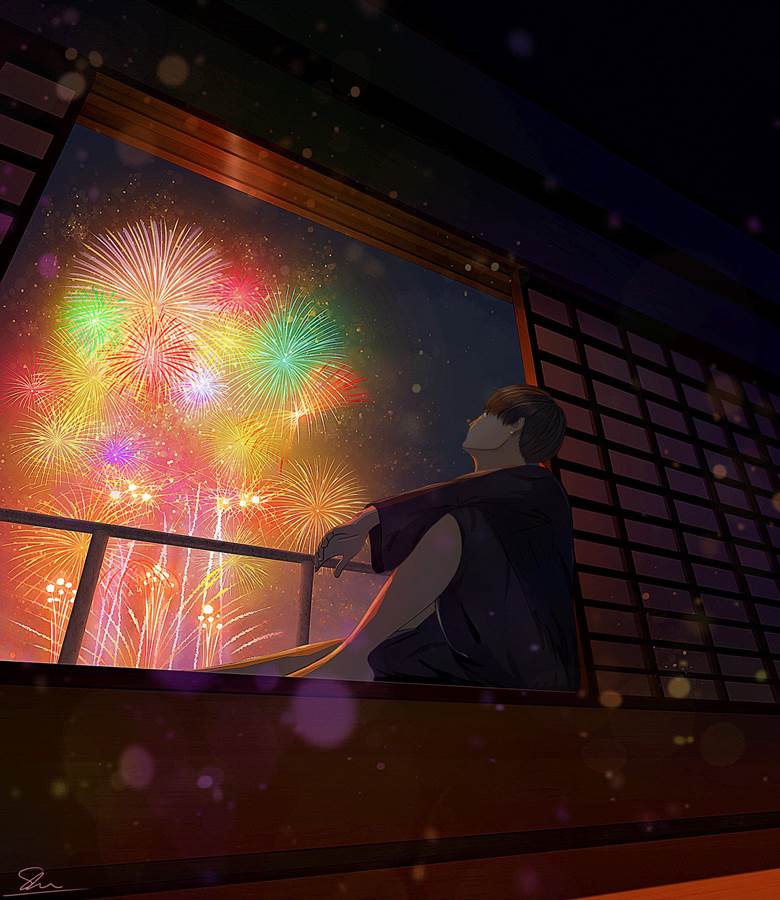 插画, Japanese-style house, Background illustration, background, night, 焰火, 夏天