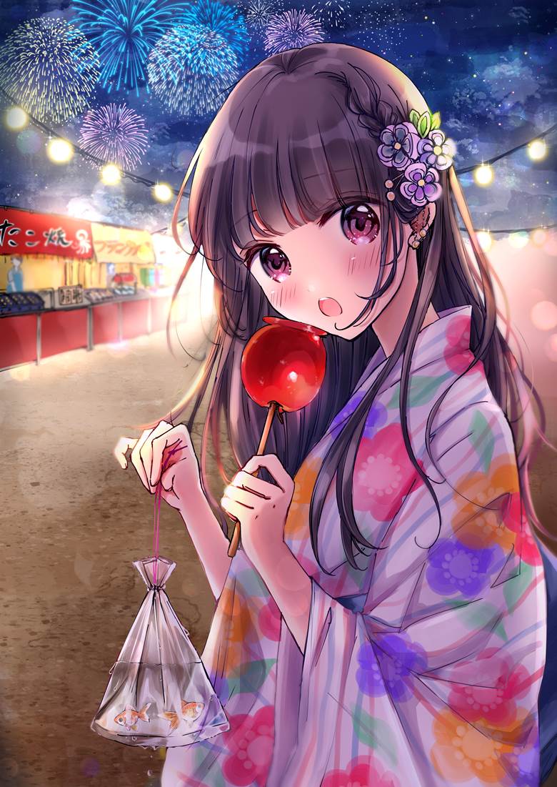 原创, summer festival, yukata, 夏天, night, 女高中生, 金鱼, star, 焰火, 约会