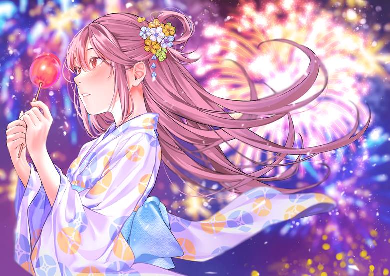 夏天, 焰火, 苹果糖, 原创, 女孩子, yukata, red hair, Original 500+ bookmarks
