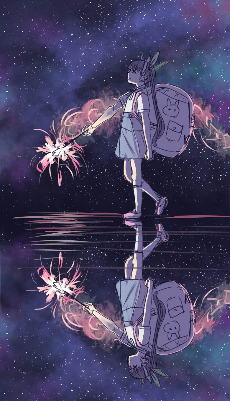 一小时绘画决斗, night sky, starry sky, Mayoi Hachikuji, 物语系列, 焰火