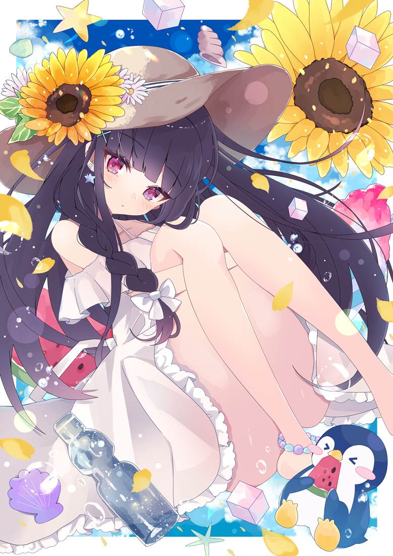 原创, 原创, 女孩子, 夏天, 草帽, 白色连衣裙, sunflowers, 企鹅, 黑长直, Blunt bangs