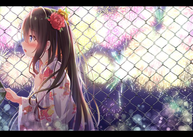 原创, 原创, 女孩子, hair, kimono, 焰火, 夏天