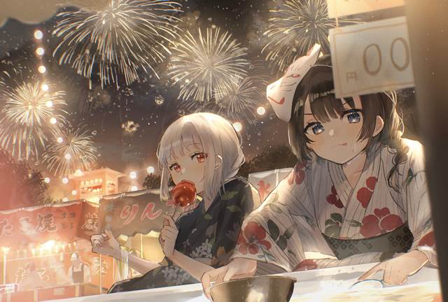 原创, 女孩子, 焰火, summer festival, yukata, 原创3000收藏, 苹果糖, fox mask