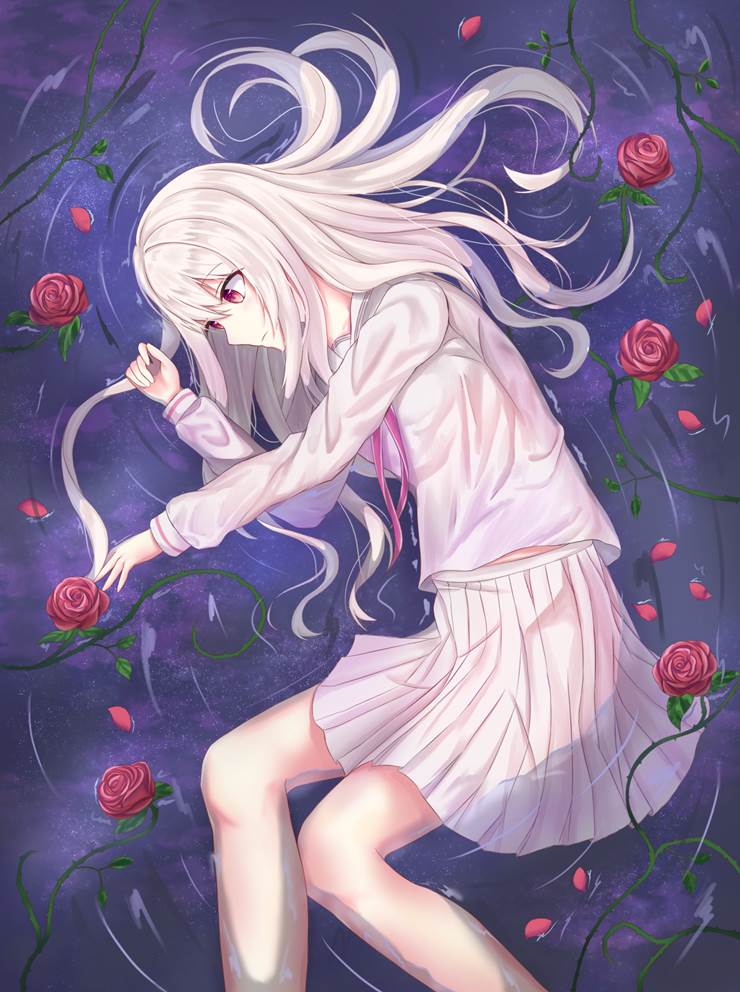 hikaru, rhythm game, 女孩子, water surface, 白发, rose, 水手服, Hikari (Arcaea), Arcaea