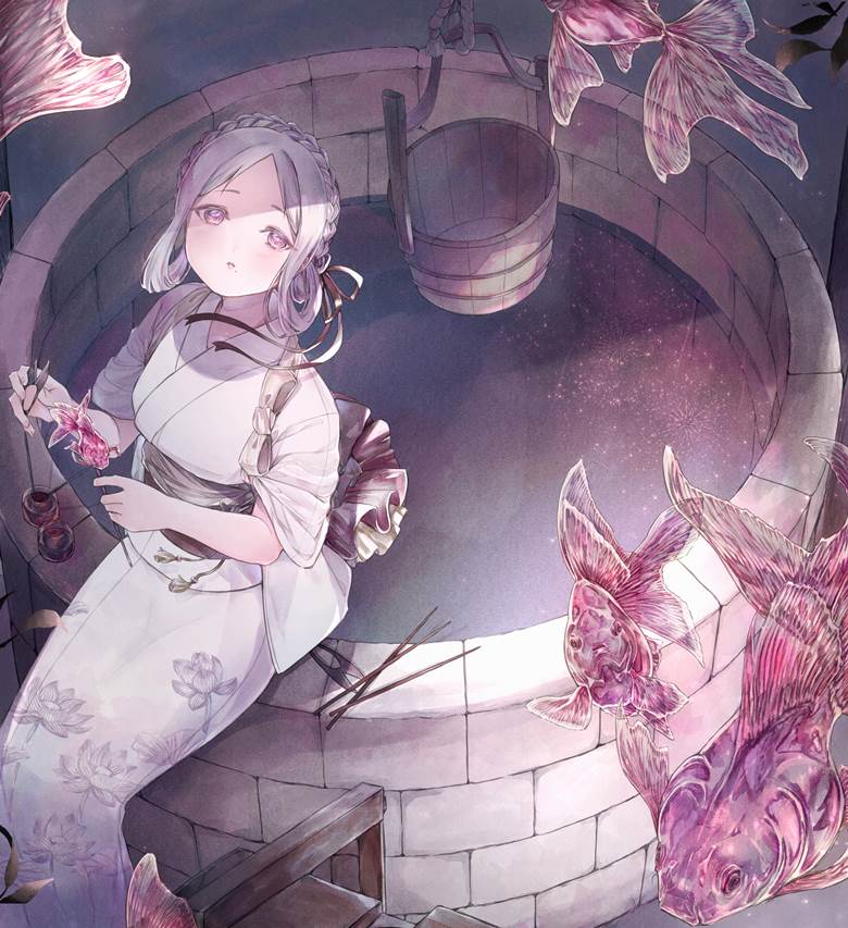 原创, yukata, 女孩子, 焰火, 金鱼, 俯瞰