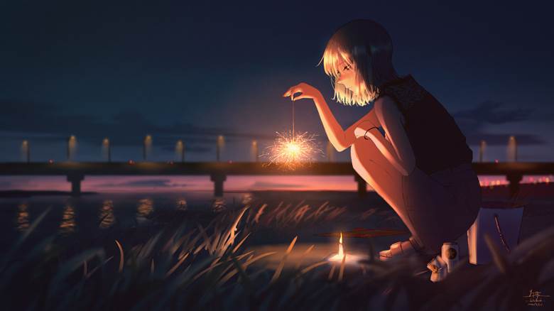 原创, 女孩子, background, 黄昏, 夏天, 焰火, sparkler