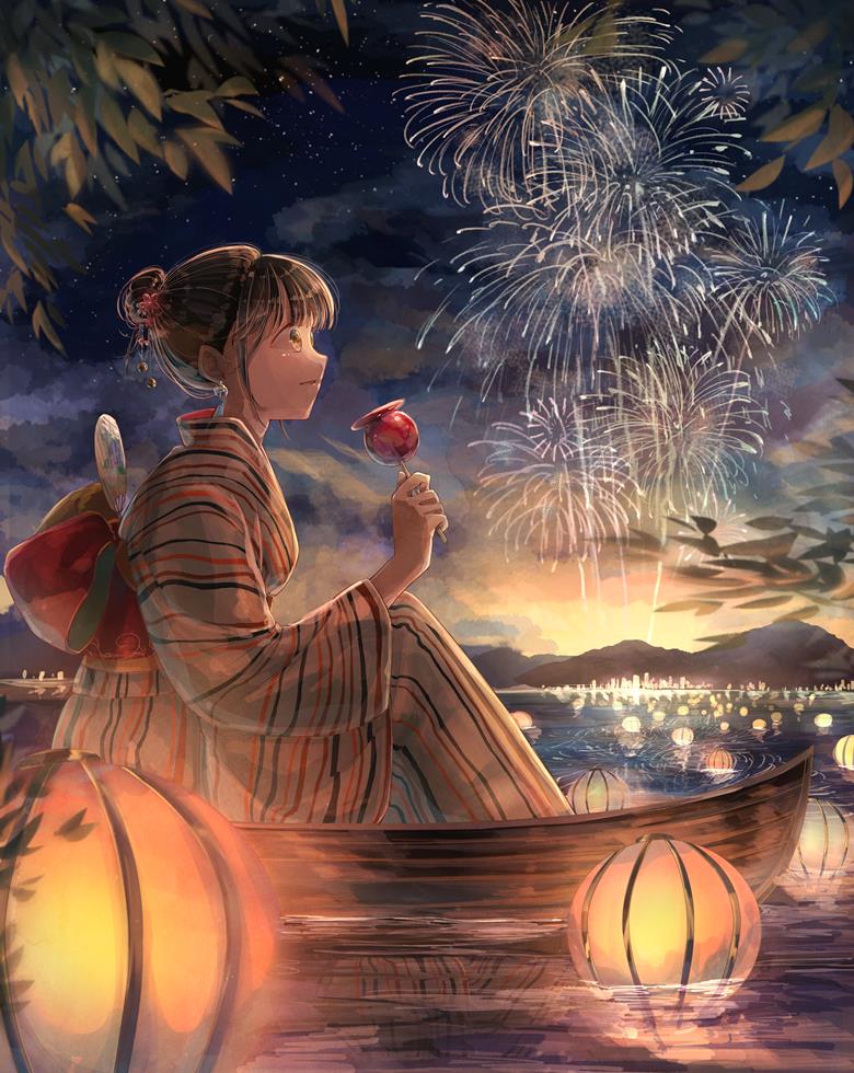 女孩子, summer festival, yukata, 原创, 焰火