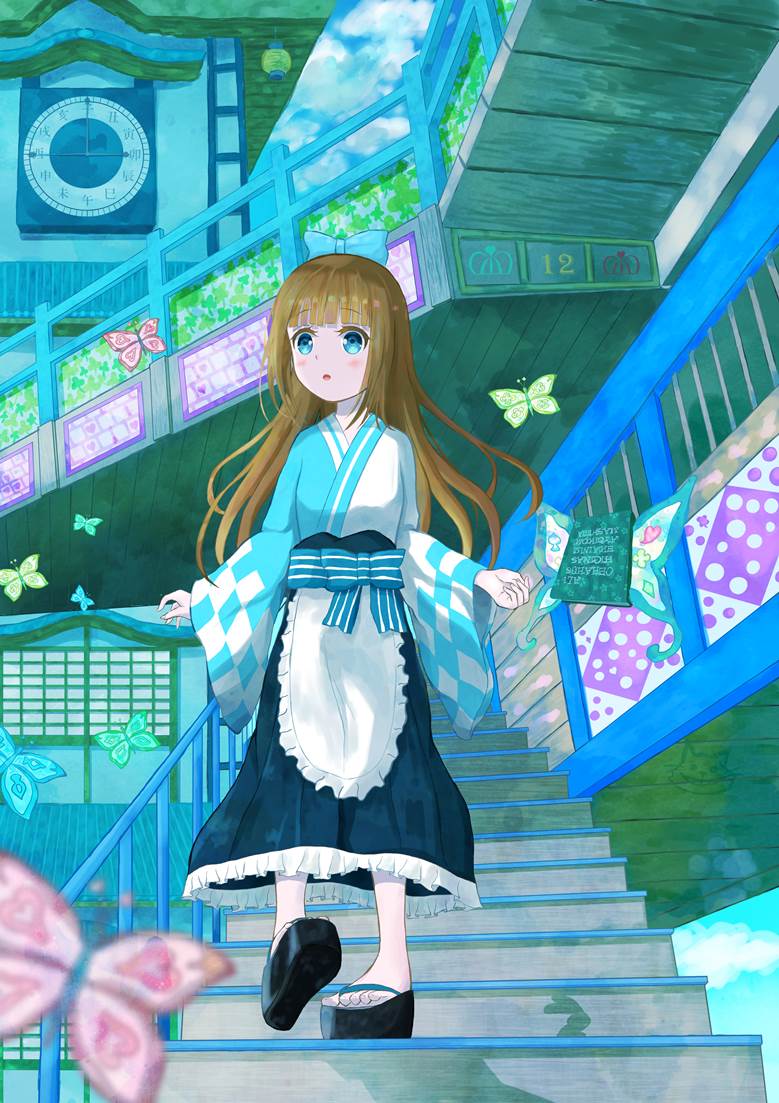 alice in wonderland, kimono, clock tower, young girl, long hair, Japanese and Western style mix, ribbon, stairs, cute!, girl