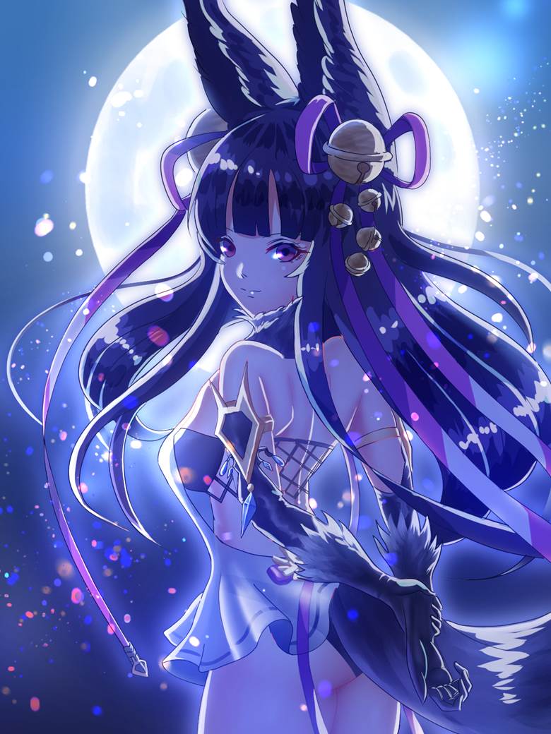 Granblue Fantasy, Granblue Fantasy, Yuel, Yuel (Granblue), night sky, moon, ribbon
