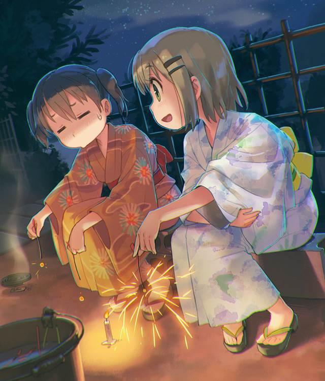 向山进发, Hinata Kuraue, 雪村葵, yukata, sparkler, Aoi/Hinata, 向山进发100收藏, 赤脚