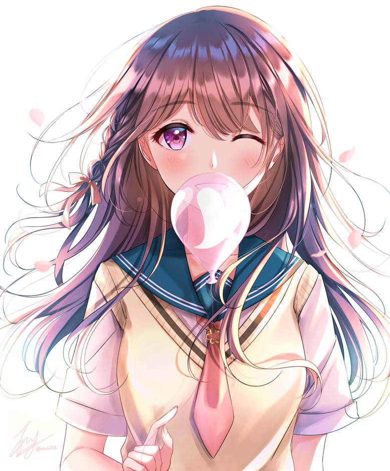 原创, original, 女孩子, uniform, girlfriend, 女高中生, 水手服, 气球, 抛媚眼