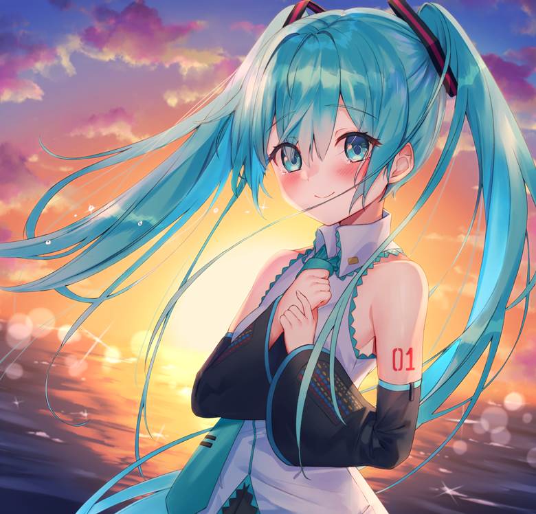 一张初音未来,夕阳绘画图片