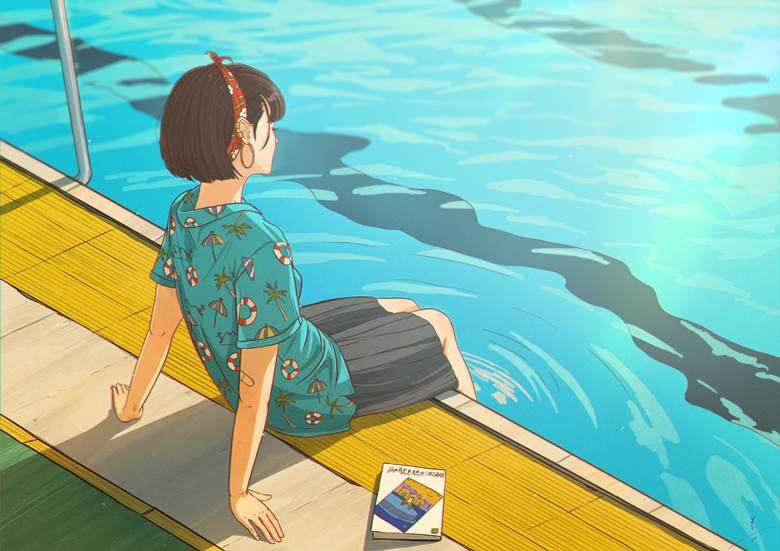 プールサイド|ツマヨウジ的泳池少女插画图片