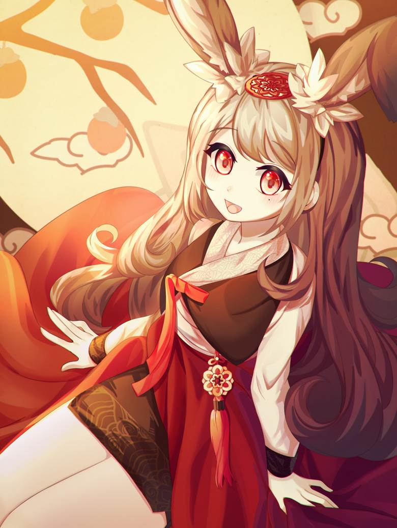 beautiful girl, 原创, hanbok, 茶发, 兔耳, autumn, red