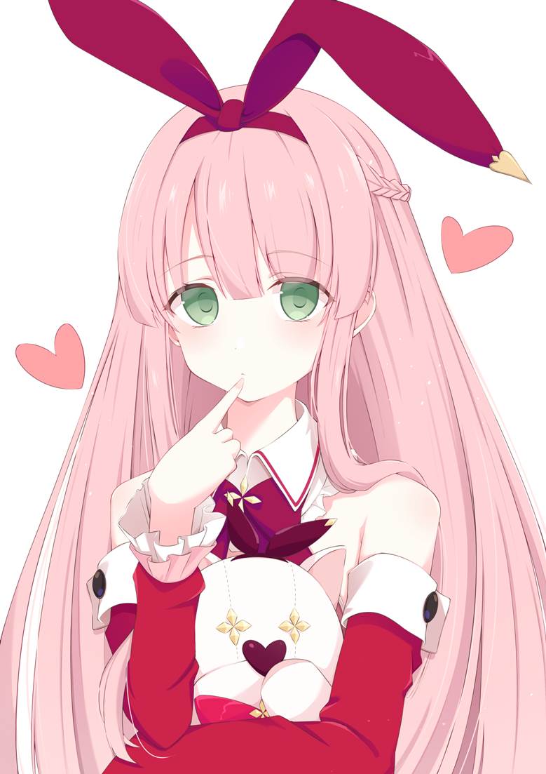 rhythm game, Kou (Arcaea), pink hair, girl, plushie, bunny ears, Peach hair & green eyes