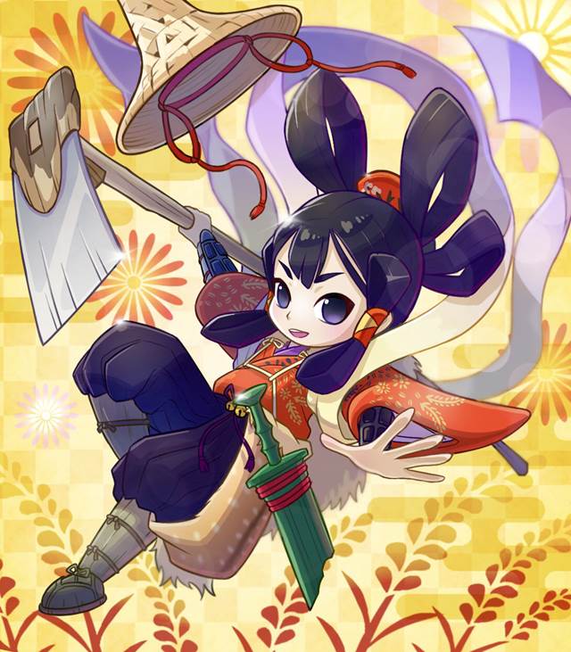 rice, Japanese pattern, cute, Sakuna, black hair, Japanese style, loli, kimono, game, Sakuna: Of Rice and Ruin