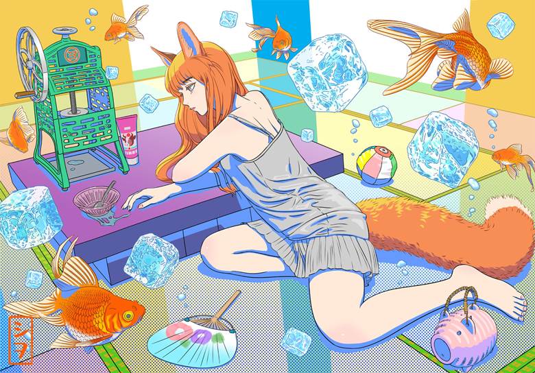 原创, 女孩子, youkai, 拟人化, 狐狸, bare feet, 金鱼, 夏天, shaved ice