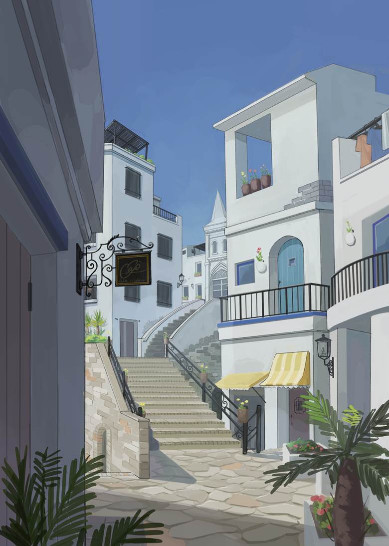 阶段のある町|まじゅ的楼梯风景插画图片