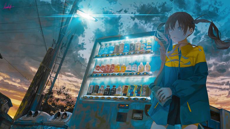 原创, 插画, 风景, background, 原创, 女孩子, 异世界, vending machine, 自动贩卖机