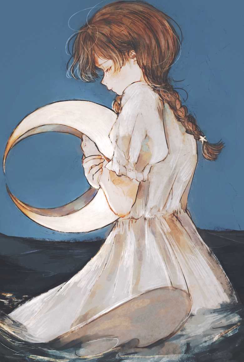 young girl, 原创, 眼泪, moon, 女孩子, 白色连衣裙, 麻花辫, 原创5000users加入书籤