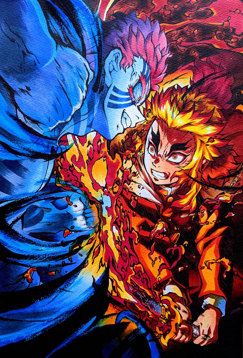 鬼灭之刃, 炼狱杏寿郎, analog illustration, copic马克笔, red and blue, Demon Slayer: Kimetsu no Yaiba 1000+ bookmarks