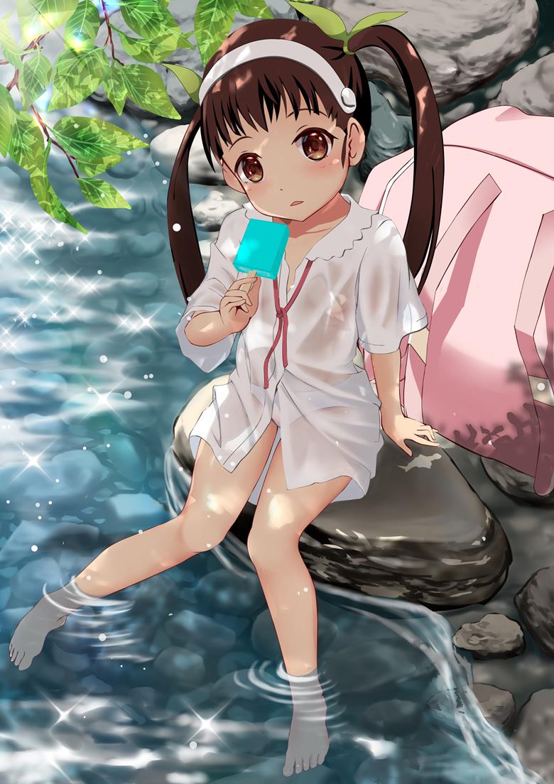 bakemonogatari, Mayoi Hachikuji, wet see-through, sunlight through trees, bare feet, little girl, child, Bakemonogatari 1000+ bookmarks, panties
