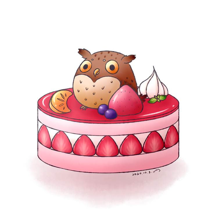 【动食物】猫头鹰草莓蛋糕|插画师淮弓(夜猫)的鸟类动物插画图片