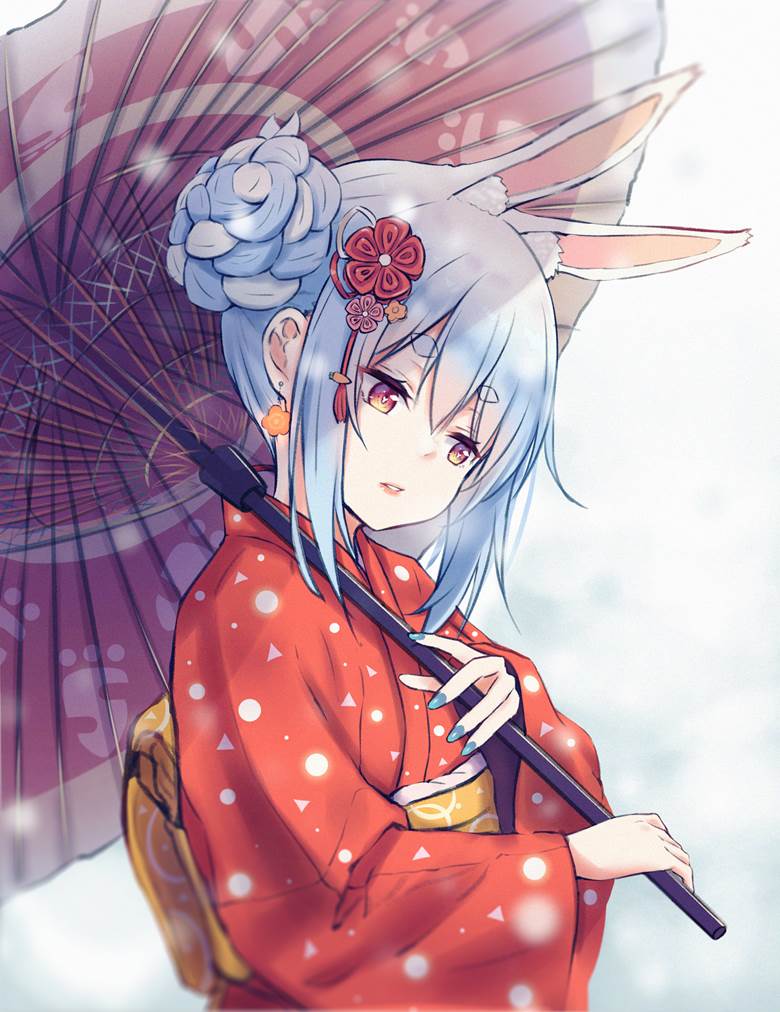 Usada Pekora, Pekora Usada fanart, Hololive, virtual YouTuber, nail polish, kimono, bunny ears